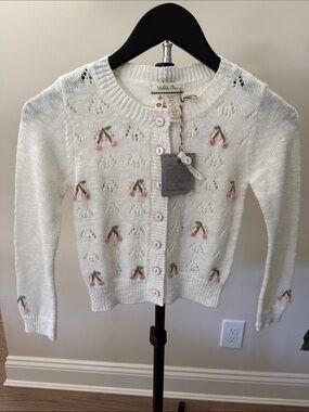 New Girl's Size 5/6 Matilda Jane White Knit Cardigan with Pink Cherry Embroidery
